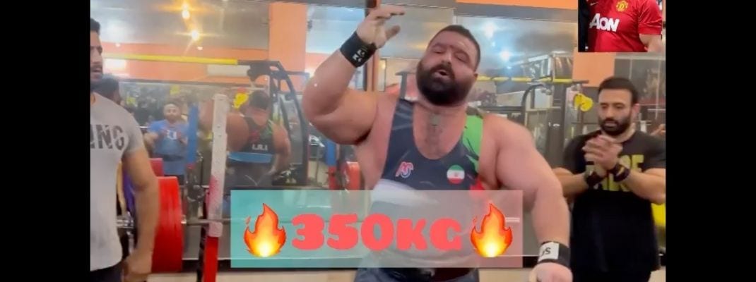 Danial Zamani supino monstruoso 350 kg (771,6 libras) em treinamento
