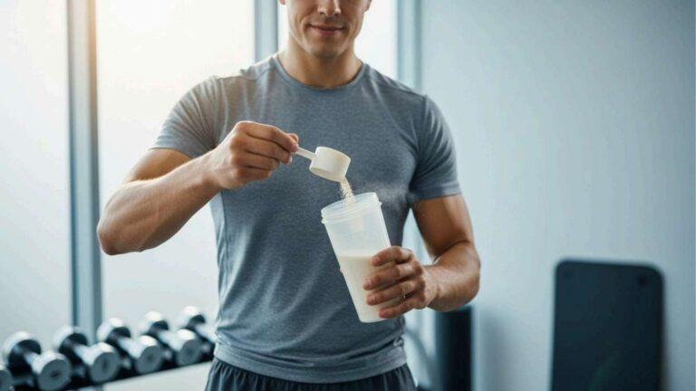 Homem que começou a treinar na academia colocando suplementos em uma shakeira.